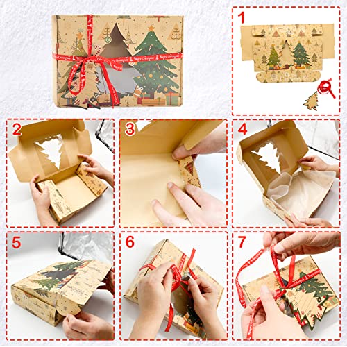 12 חבילות קופסאות עוגיות חג המולד חומות עם חלון להענקת מתנות, עץ חג המולד מצויר/איש שלג/פינגווין רקע