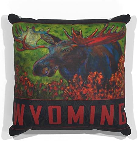 Wyoming Suluming Moose Canvas זורק כרית לספה או לספה בבית ובמשרד מציור שמן מאת האמן קארי לר 18 x 18.