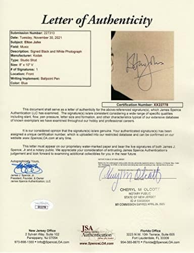 סר אלטון ג 'ון חתם על חתימה 8 על 10 תמונה פגומה / מקומטת עם ג' יימס ספנס ג ' יי. אס. איי מכתב אותנטיות
