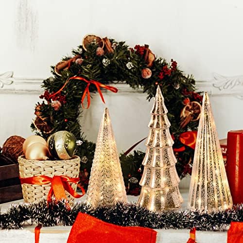 קישוט עץ חג המולד עם אורות פיות - סט של 3 עצים מגוונים, גובה 10 אינץ