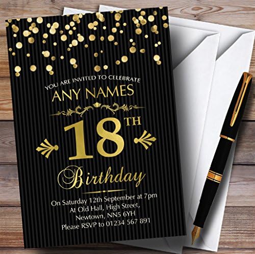 קונפטי זהב פסים שחורים מפוספסים 18 הזמנות למסיבת יום הולדת בהתאמה אישית