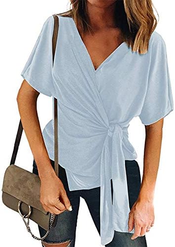 נשים חולצות חמוד קיץ עם צווארון רפרוף שרוול מוצק חולצות לעטוף מזדמן קצר שרוול מסוקס טוניקה