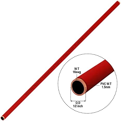 צינור נחושת קשיח מצופה Visiaro אדום PVC, 1MTR, DIA חיצוני 1/2 אינץ ', עובי קיר 16 SWG, ציפוי PVC 1.5