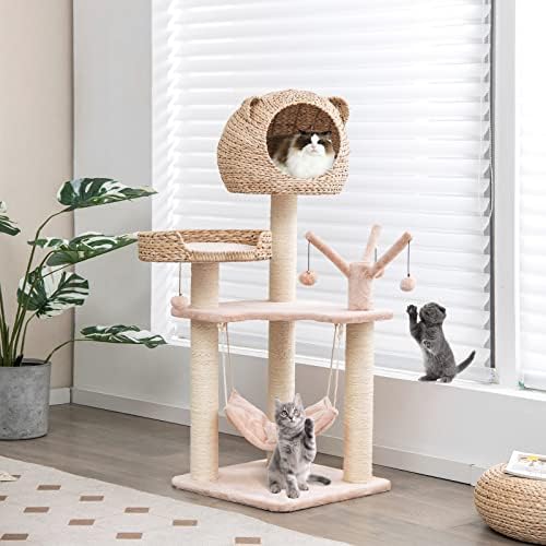 עץ חתול ארוג לחיצה, מגדל החתולים המודרני עם פוסטים של ערסל ושריטות, דירה קטיפה ומוט עליון, עץ פעילות