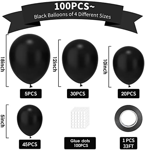 ערכת קשת בלון לטקס שחור, 100 יחידות 18 אינץ '12 אינץ' 10 אינץ '5 אינץ' זר קשת ליום הולדת ליל כל הקדושים