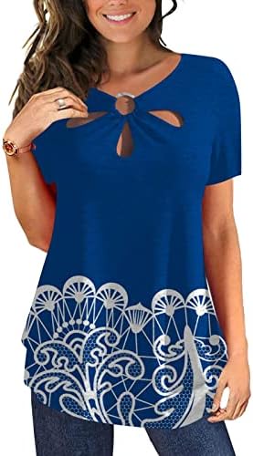 צמרות מודפסות לנשים Pejock 2023 פרחים נופים מזדמנים חולצת טריקו חור מפתח קיץ צוואר צוואר