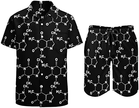 מולקולת קפאין מצחיקה תלבושות חוף של 2 חלקים של גברים כפתור הוואי למטה חולצה עם שרוול קצר וחליפות מכנסיים