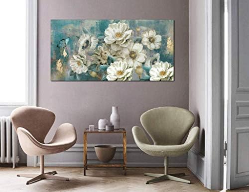 פרחים לבנים של ארג'ון תמונה מודרנית אלגנטית, נייר כסף ציור כפרי זהב 40 x20 ， וציורי פרפר מוזהבים מופשטים