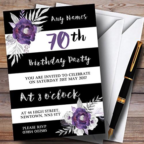 פרח סגול של כסף לבן שחור הזמנות למסיבת יום הולדת בהתאמה אישית 70
