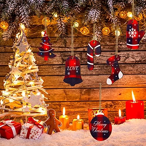 PLLIEAY 18 חלקים חג המולד אדום שחור משובץ קישוטי תלויים 6 סוגים פרוסות עץ משובצות לחג המולד לקישוט עץ