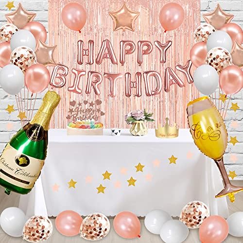 קישוטי יום הולדת 27 של Fancypartyshop - רוז זהב זהב יום הולדת שמח באנר ואבנט עם מספר 27 בלונים לטקס
