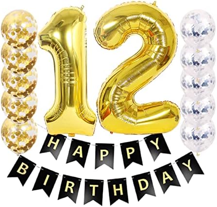 Qweqwe קישוט יום הולדת 12 יום הולדת שמח יום הולדת שמח באנר שחור מסיבת בלון אספקת הליום 40 '' בלוני זהב