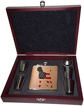 מקרי סאנשיין-דגל בולדוג אמריקאי 6 עוז. משקאות בקבוקון עץ קופסא מתנת סט כולל. כוסות יריות וצינור