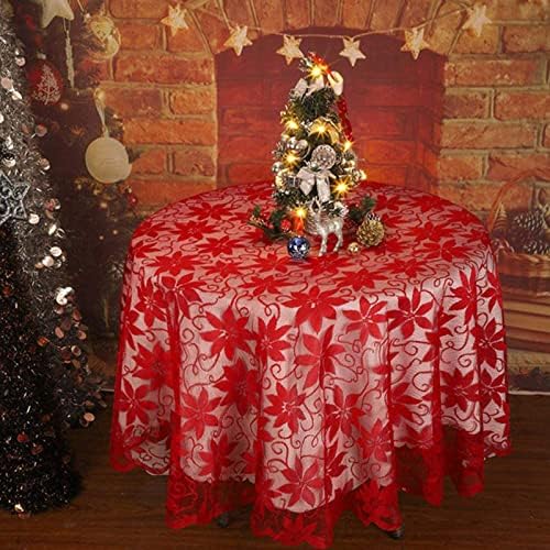 חגי Asunflower מפות שולחן סיבוב 70 אינץ 'אדום חג המולד שולחן אוכל בכריית בד תחרה עם עלי סתיו. כיסוי