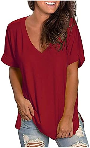 צמרות רגילות לנשים Tshirt Thice Tee Tee 2023 טוניקות טרנדיות V צוואר פלוס חולצת טריקו שרוול קצר בגודל