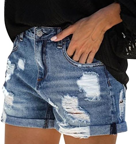 מכנסיים קצרים של נשים ג'ין אמצע עלייה נמתחת מגולגלת מגולגלת מכנסיים קצרים רוכסנים במתיחה של ג'וניור