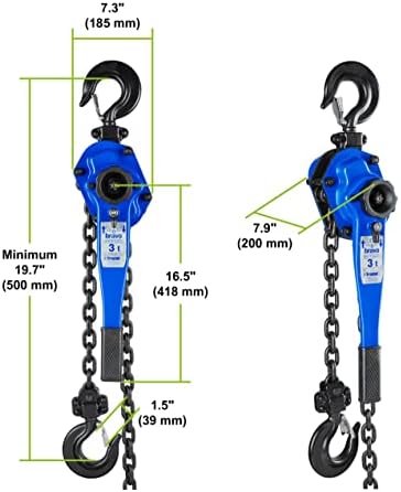 טרקטל בראבו - מנוף שרשרת מנוף 3 טון / קיבולת 6000 פאונד / אורך הרמה ומשיכה של 5 רגל / מושך מחגר בדרגה