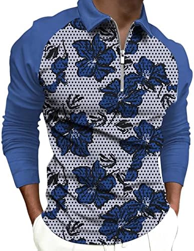 WOCACHI 2022 חולצות פולו לגברים, רוכסן צוואר שרוול ארוך שרוול ארוך פרחוני טלאים טלאים גולף חולצת מעצבים