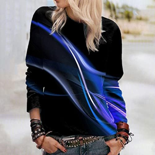 Beuu נשים צוואר עגול מזדמן שרוול ארוך חולצות טירטס צבע רופף בלוק הדפס סווטשירטים טוניקה סוודר טוני טי