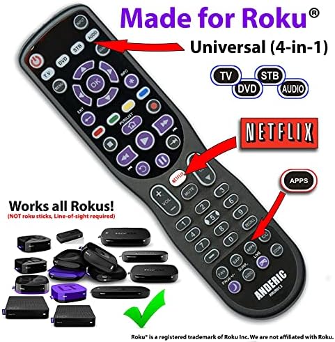 אוניברסלי 4 מכשירים מתאים לנגן סטרימינג של Roku/שלט רחוק בטלוויזיה עם מאקרו, למידה ותאורה אחורית לכל