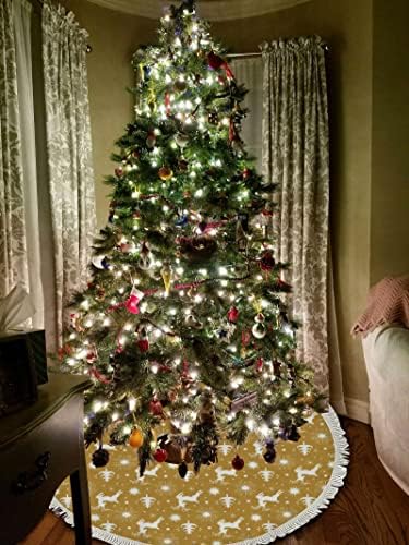 חצאית עץ חג המולד בגודל 48 אינץ 'איילים מוזהבים פתיתי שלג לבן חצאית עץ גדולה מחצלת חווה מסיבת חג חווה