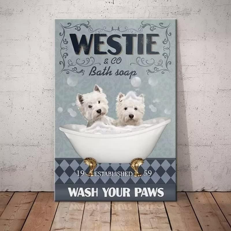 Westie Dog שלט מתכת מצחיק שלט פח Westie Co.Bath Poster Cafe Cafe Cafe Schoe Schoed Ambam אמבטיה בית