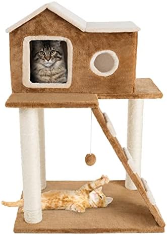 3 קומות חתול מגדל - תנומה מוטות, חתול דירה עם סולם, 3 סיסל חבל מגרד הודעות, תליית צעצוע-חתול עץ לחתולים