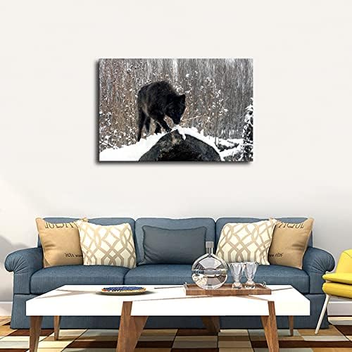 הזאב השחור האכזרי בשלג בוהה בכרזה שלך ובאמנות קיר מודרנית מודרנית פוסטר תפאורה לחדר שינה